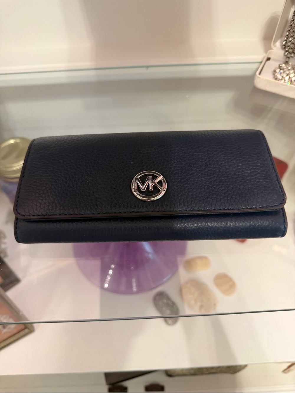Michael Kors Navy Pebbled Leather Continental Wallet with Silver MK Emblem